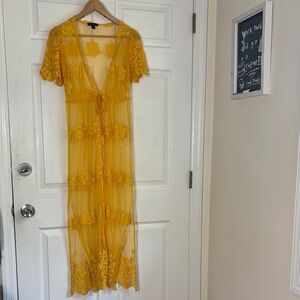 AQUA Marigold Yellow Lace Maxi Cover Up Size XS Floral Embroidered Lace